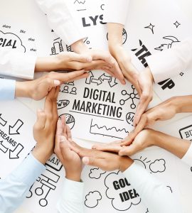 Business people making circle out of hands to emphasize digital marketing concept