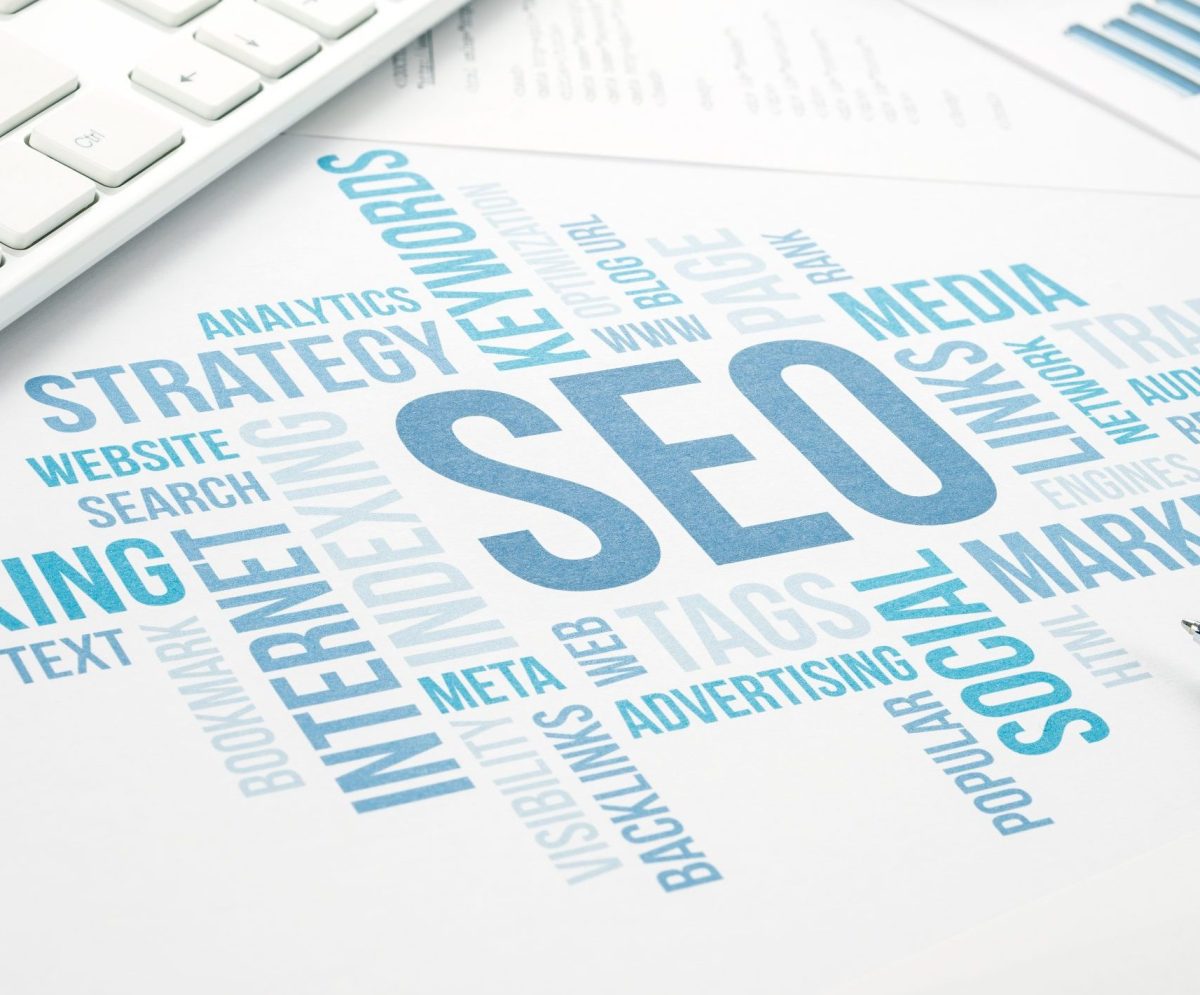 Seo business, search engine optimazion, concept cloud chart. Blue Toned